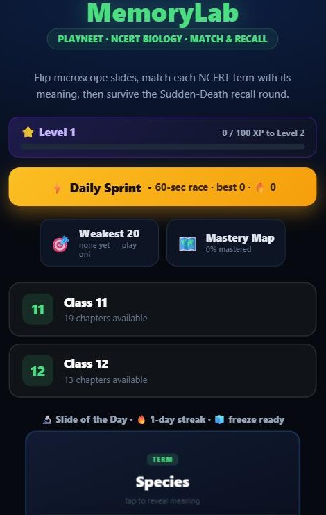 MemoryLab on PlayNEET — a real screen from the live platform