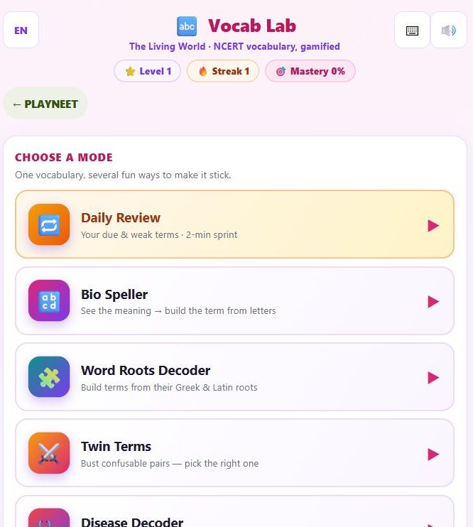 Vocab Lab on PlayNEET — a real screen from the live platform